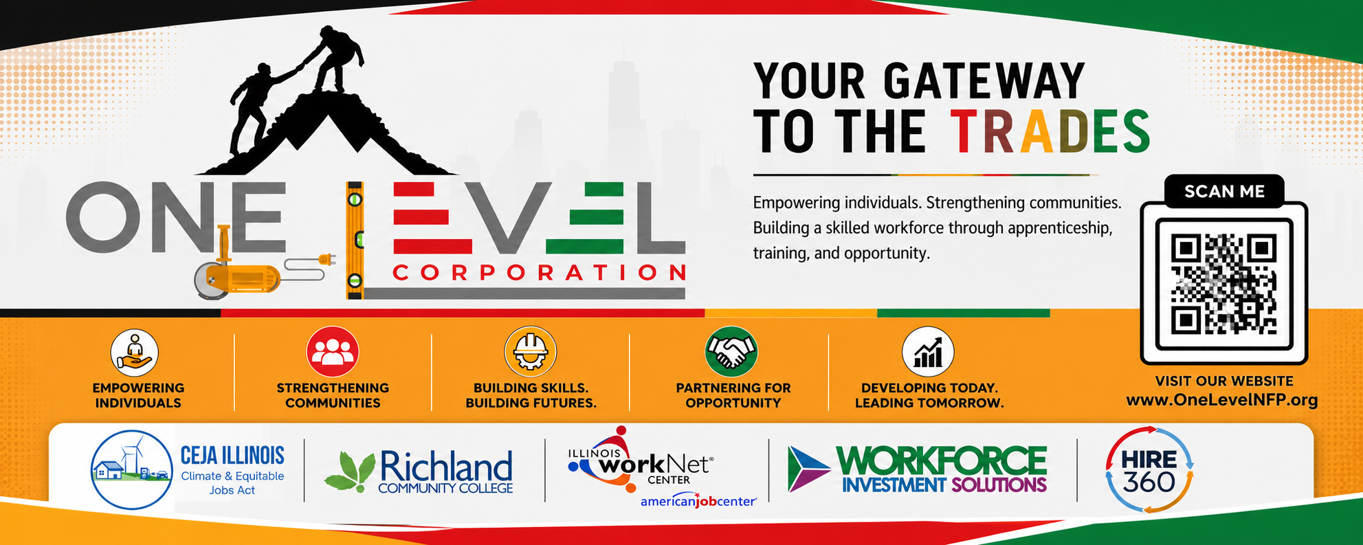 One Level NFP gateway to the trades banner featuring community and workforce development partners